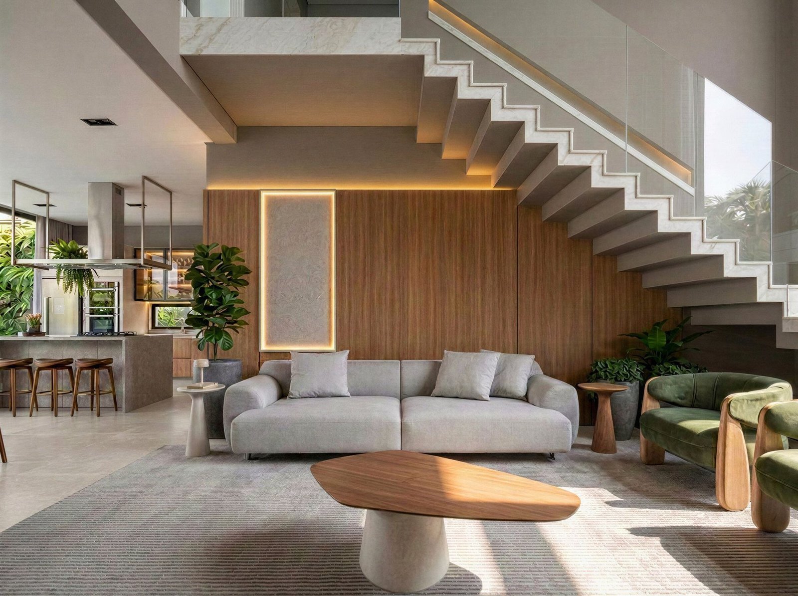 Sala de estar com sofá claro, poltronas verdes e escada em balanço
